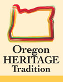 The Oregon Heritage Tradition logo with an outline of the state of Oregon.