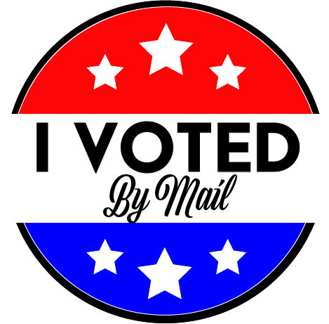 Circle with white stars on a red and blue background with the words I Voted By Mail.