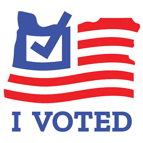 Round sticker with a red, white, and blue design featuring the words I Voted and an outline of the state of Oregon.