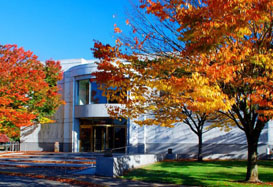 Photo of the front of the State Archives Building during fall