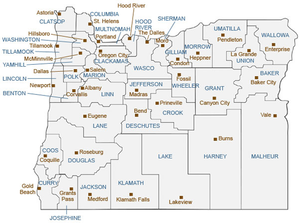 Wasco County Oregon Map   Oregon County Seats Map 