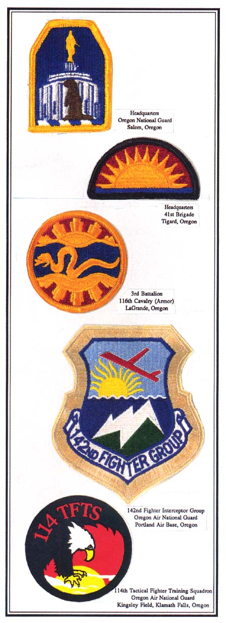 Insignias of the National Guard including the Salem Capitol Building, A sun, A snake & sun, 142nd fighter group patch, an eagle 