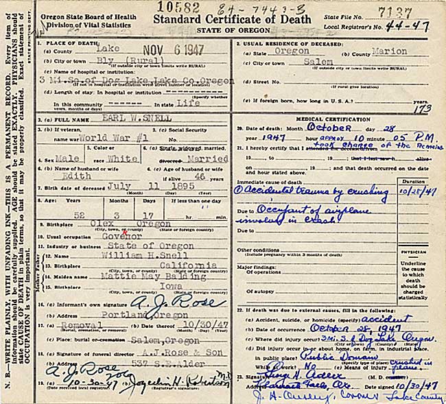 Standard certificate of death from Nov. 6 1947 for Earl W. Snell, veteran of WWI.
