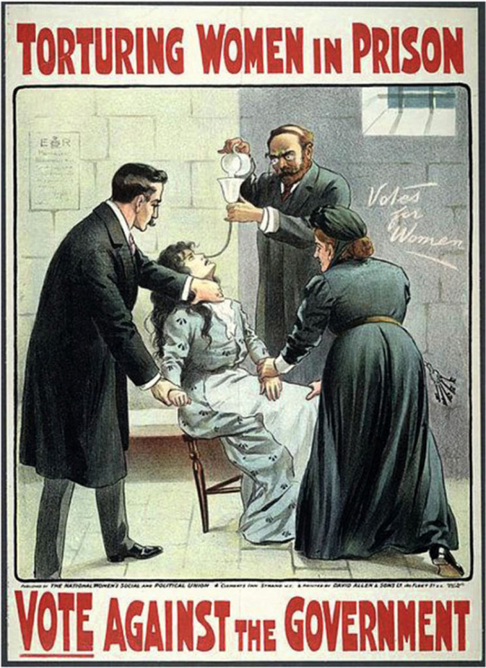 Drawing of a woman sitting in a chair in prison and being force fed through a hose.