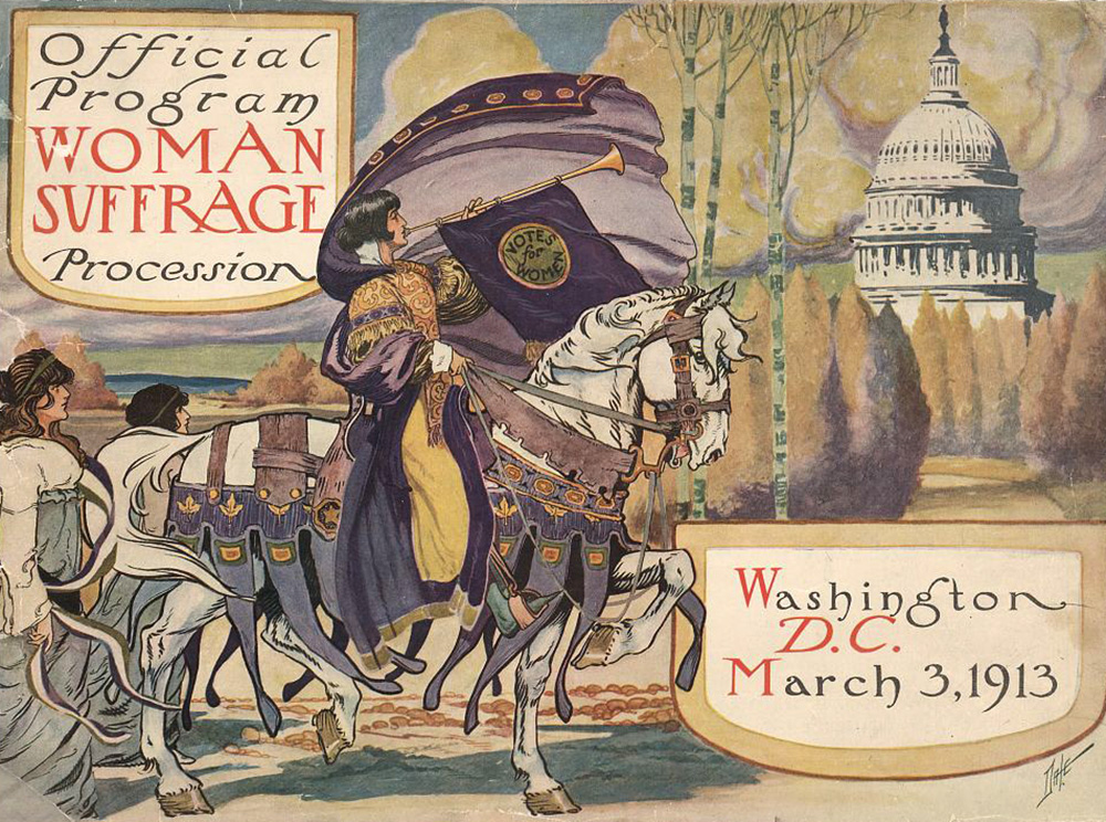 Drawing of royal looking women: 1 on horse back with a trumpet and 2 standing behind her.