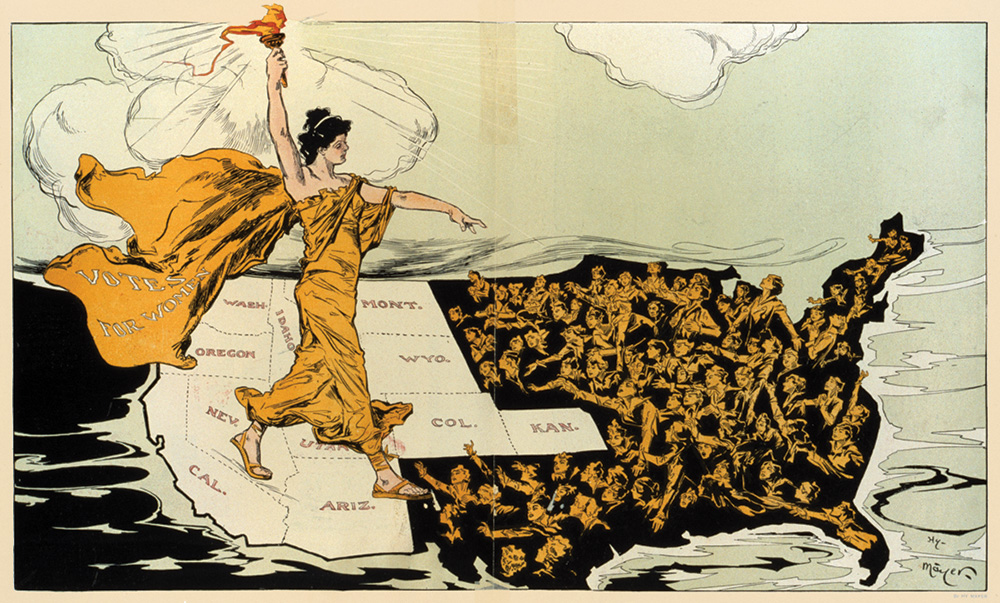 Drawing of woman carrying torch and walking across a map of the U.S. toward the eastern side of the country.