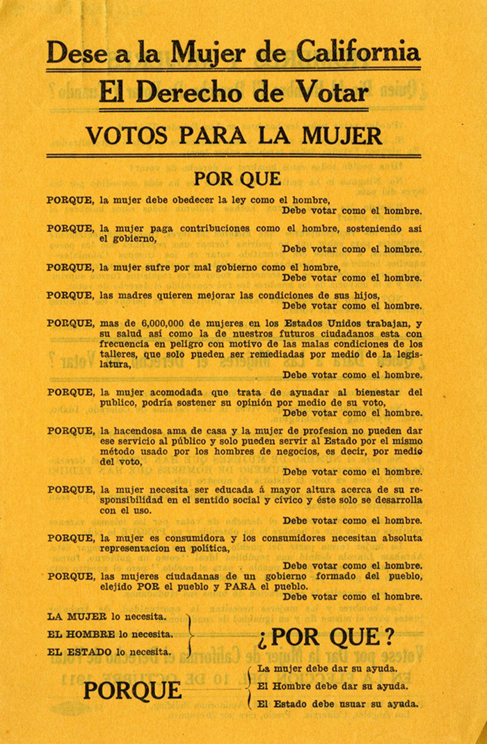 Pamphlet in spanish. Heading reads: Dese a la Mujer de California El Derecho de Votar