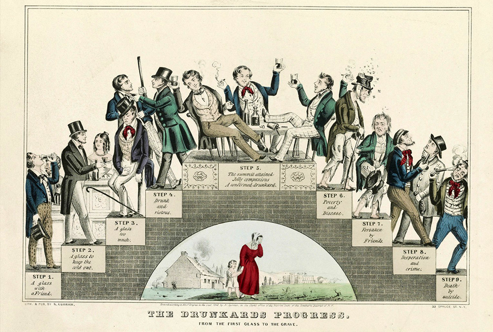 A drawing shows 9 levels of alcohol use starting with 1 glass with a friend and ending with death by suicide.