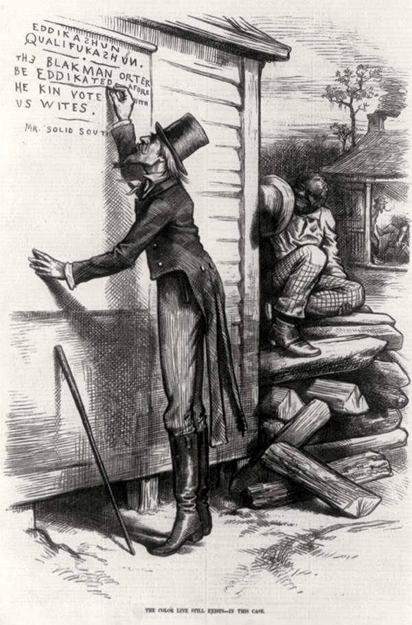 Cartoon of white man writing misspelled words on a wall and a black man watching him from his perch on a stack of wood.