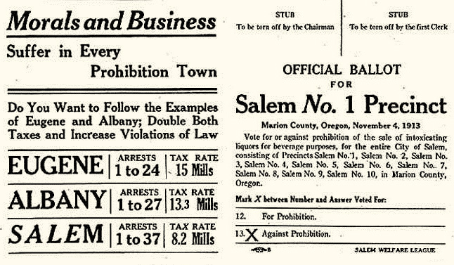 A mock ballot reads: Morals and Business Suffer in every Prohibition Town. Do you want to follow the examples of Eugene and Albany; Double both taxes and increase violations of law