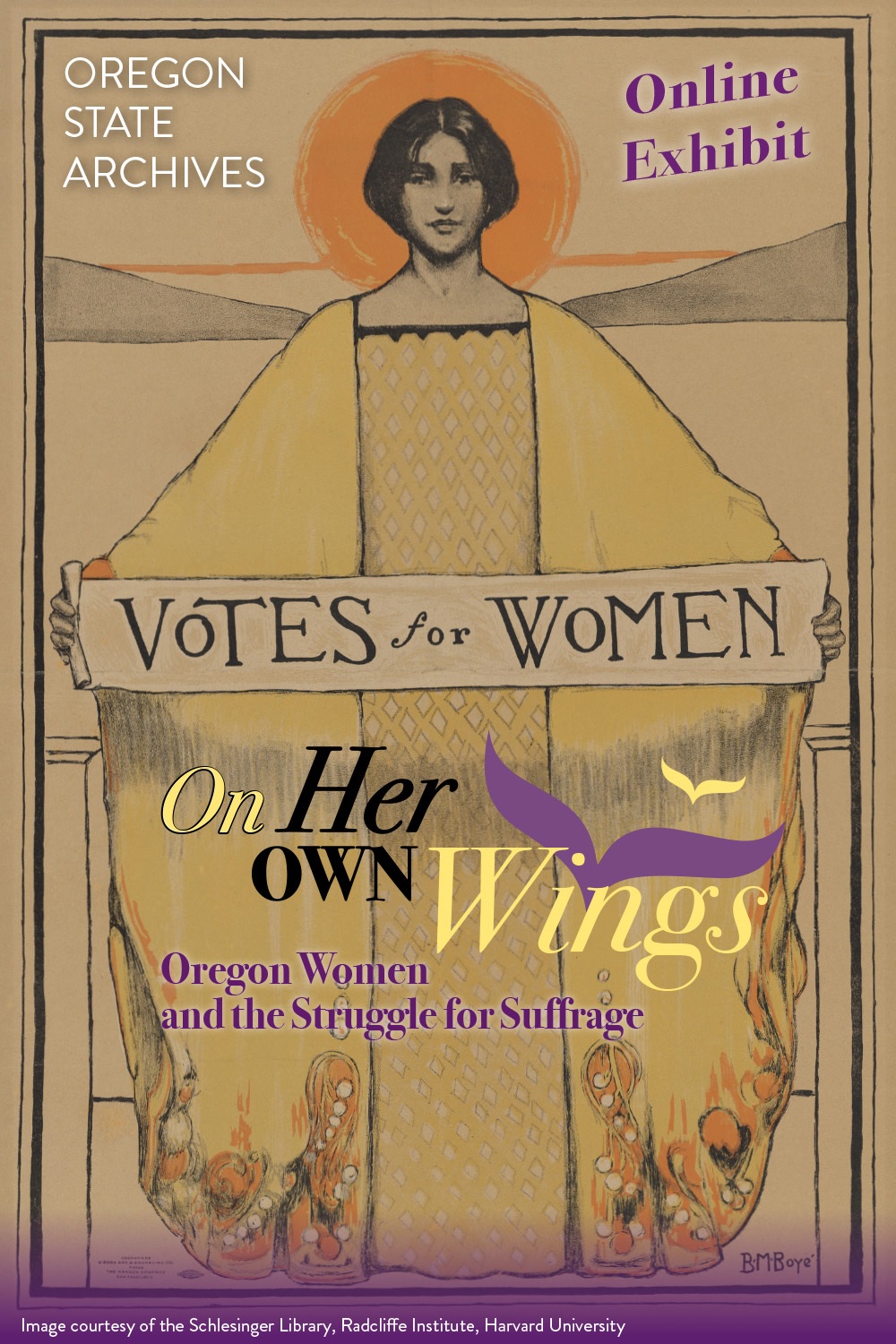 Drawing of woman with short, dark hair, in an elegant long dress holding a sign reading 