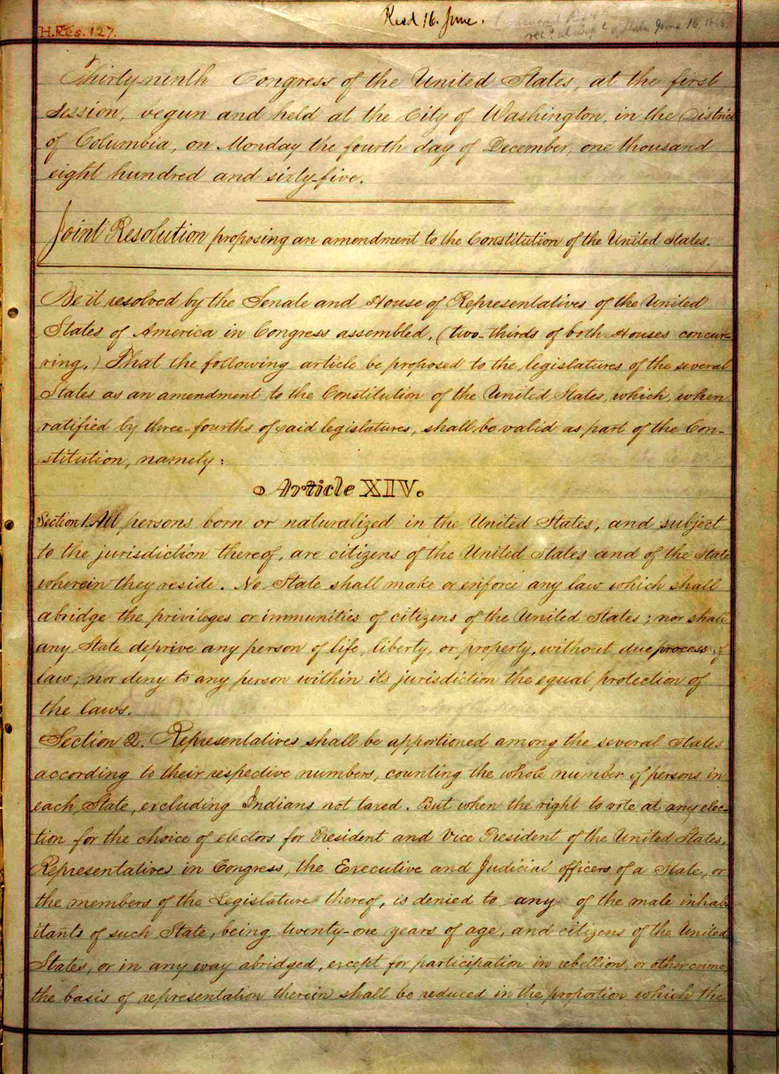 Faded yellow paper with flowing cursive writing of the amendments. The heading in the center says "Article XIV" for article 14.