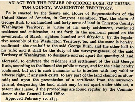 Document reads "An act for the relief of george bush, of thruston county, washington territory."