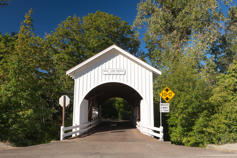 Covered bridge over a lane with deciduous trees surrounding it.