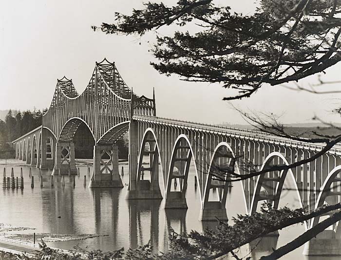 A cantilever bridge spans Coos Bay on US route 101. 