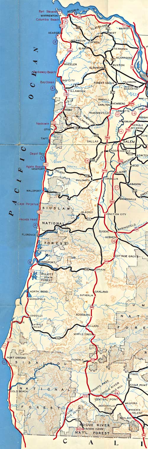 1940 map of oregon coast showing the pacific ocean on left and land with highways marked on right.