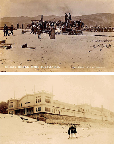Photo from 1910 shows dozens of people on a rail car watching a woman take a photo. Another photo shows 3 girls on the beach in front of a huge two-story building.
