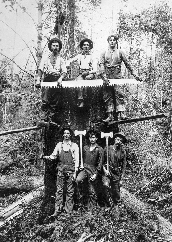 Six men pose by a huge tree stump with their saw and axes.