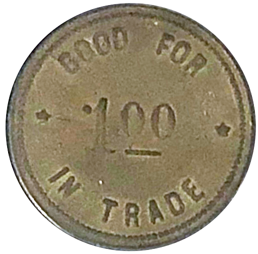 A coin with the words "Good for 1.00 in Trade" printed on the surface.