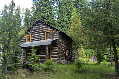Two-story house made of logs with a metal overhanging roof to cover the front porch. Surrounded by evergreen trees.