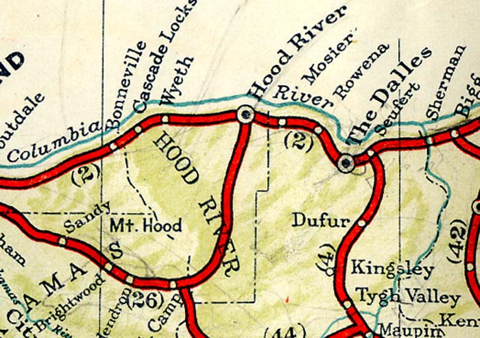 Section of 1940 map showing Hood River and The Dalles.