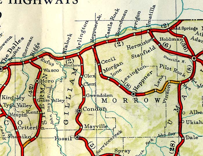 Section of 1940 oregon highway map from Umatilla to Biggs.