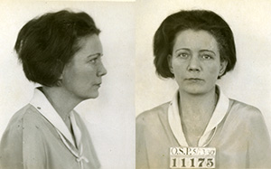 Mug shot of Mabel Smith in plain dress with white collar and prisoner number 11173