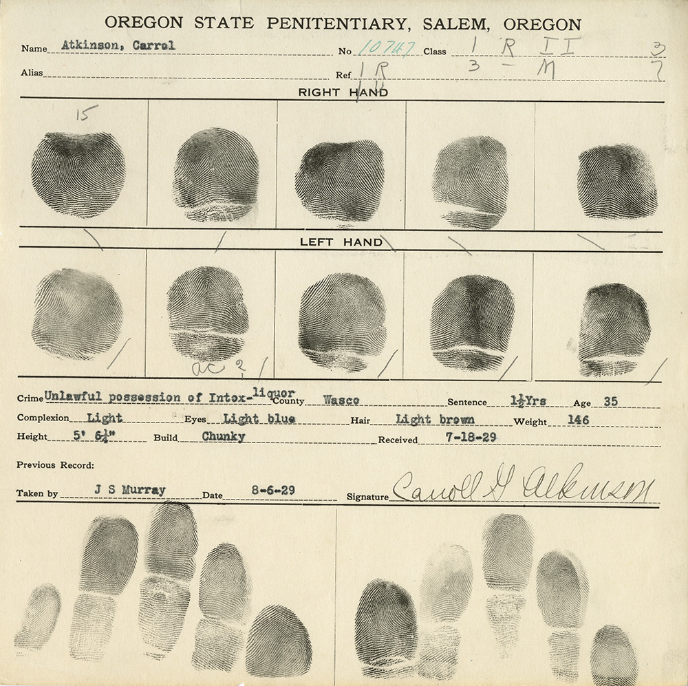  In addition to fingerprings, Atkinson's fingerprint card shows his sentence was 1.5 years, his age was 35, complexion was light, eyes were light blue, his hair was light brown, weight was 146.