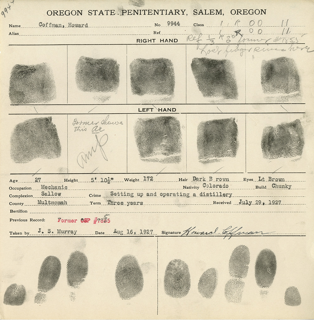 Finger print card for Howard Coffman shows all fingers except one on left hand. 