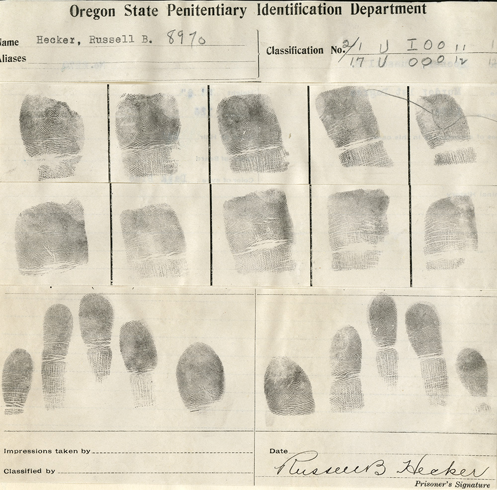 Russell B. Hecker fingerprint card includes prints of all 10 fingers and Russell Hecker's signature at bottom.