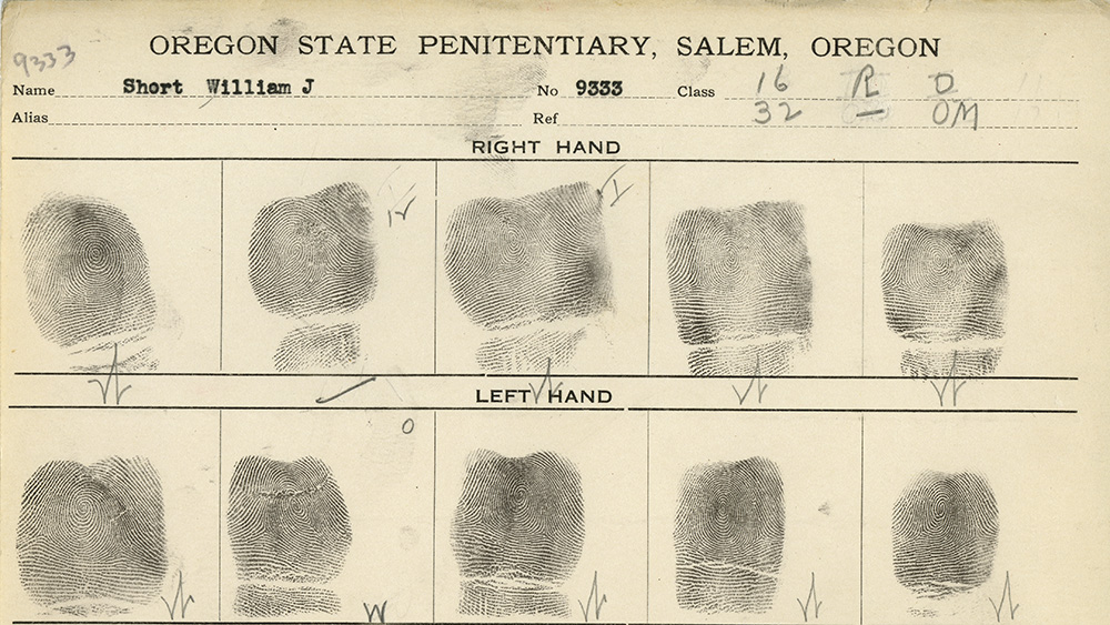 Finger print card for William J Short, prisoner number 9333, lists fingers of right hand on top & fingers of left hand below.