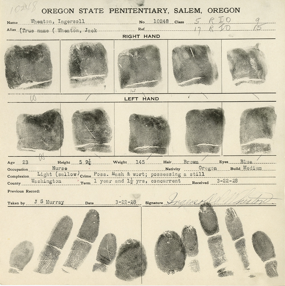 In addition to finger prints, Jack Wheaton's finger print card lists his age as 23, height 5 ft. 9 1/4 inches, weight 145, hair brown, eyes blue, occupation nurse.