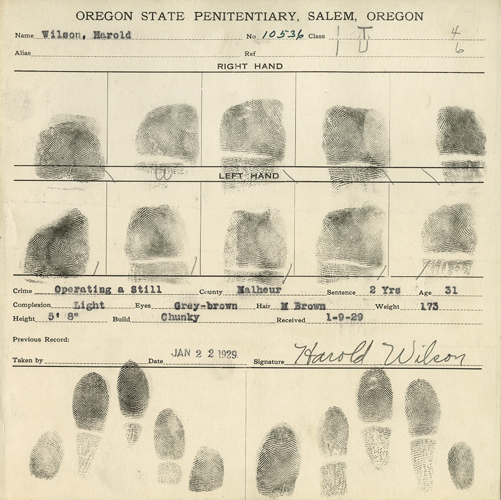 In addition to finger prints, Harold Wilson's finger print card shows his age as 31, complexion light, eyes grey-brown, hair M. Brown, weigh 173, height 5 ft 8 inches. 