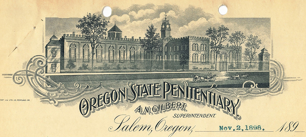Line drawing of the Oregon State Penitentiary used as letterhead. "Oregon State Penitentiary" printed in an arc in block letters