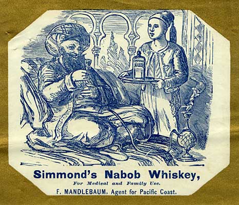 Whiskey label with drawing of a sultan sitting on a couch drinking liquor. A servant stands near holding a tray with a bottle.