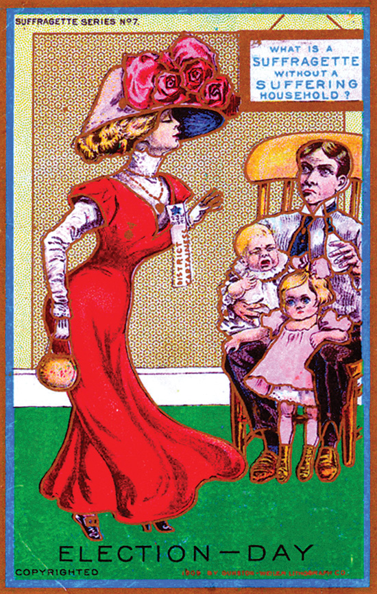 Cartoon of woman heading out to vote and husband sitting in chair with 2 children.