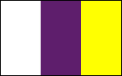 A rectangle with eaqual parts White, purple, and yellow in vertical blocks.