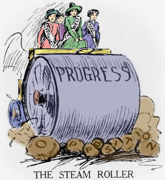A cartoon drawing of 4 women riding a steam roller with the word Progress printed on it. They are rolling over rocks that spell out the word Opposition.