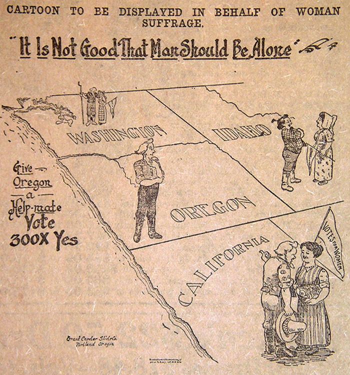 A cartoon shows a man standing with a woman in the states of Washington, Idaho, California, but in Oregon the man stands alone.