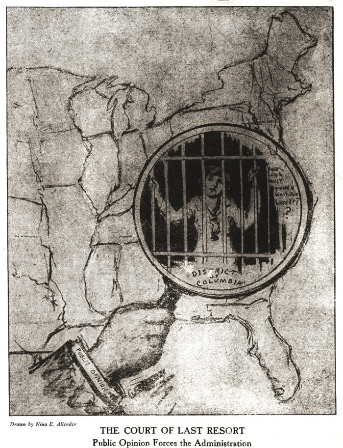 Drawing of a hand with a magnifying glass over a map of the U.S. seeing a woman behind bars.