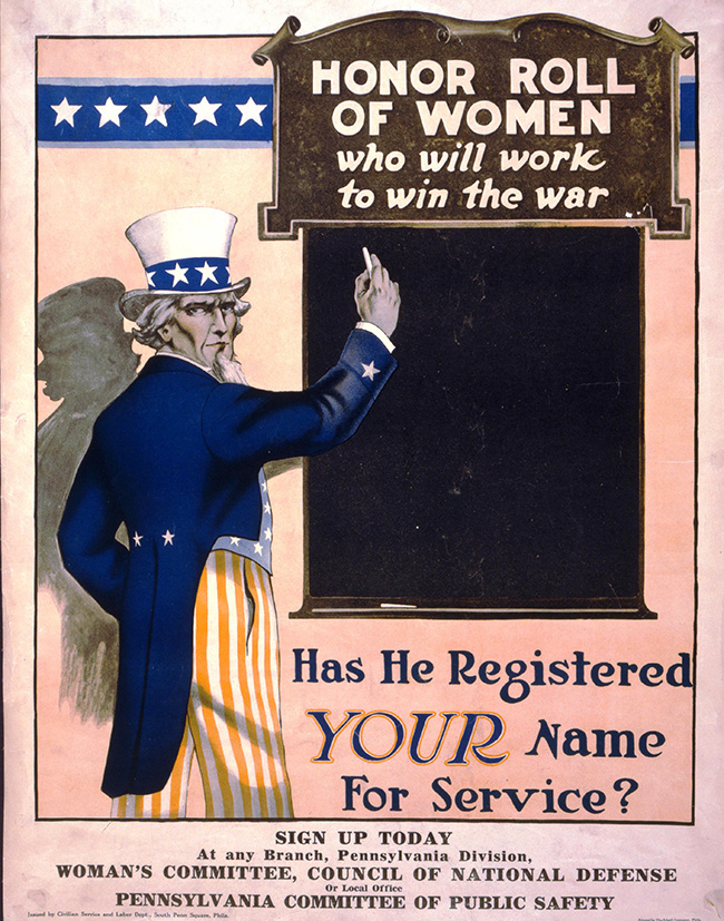 drawing of Uncle Sam with hand raised to write on wall. Over the area he's going to write on it says: Honor Roll of Women who will work to win the war. 