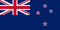 New Zealand flag has Union Jack flag in upper left corner and 4 red stars on the right. The background is solid blue.