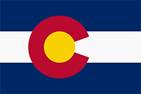 Colorado flag has 3 horizontal stripes. The top and bottom are dark blue and the center is white. In the center is a semi-circular C in red. In the opening of the letter C there is a gold disc.