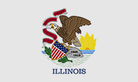 Illinois flag has eagle holding a banner in its beak with the state motto written on it: State Sovereignty, National Union. The eagle is perched on a rock with an American shield and olive branches below. A lake is in the background with the sun on the horizon.