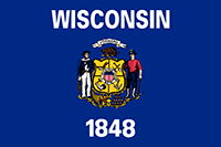 Wisconsin flag has state coat of arms on both sides against blue background.
