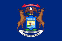Michigan flag has moose and elk standing around shield and an eagle with a branch in its talons. 
