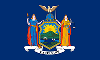 New York flag has shield in center with a masted ship and a sloop on the Hudson River bordered by a grassy shore and mountains in back with sun rising. A banner below has Excelsior written on it.