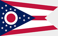 Ohio flag has unique swallowtail design called a burgee. The pole side has a blue triangular shape containing 17 white stars surrounding a red and white circle. Red and white stripes extend horizontally from the triangle.