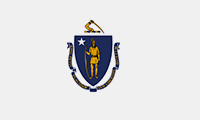 Massachusetts flag has a blue shield with a Native American dressed in a shirt and moccasins. His right hand holds a bow. His left hand clasps an arrow pointing downward. A silver star with five points sits above his right arm. A crest above consists of a braid of blue and gold, with a right arm grasping a broadsword.