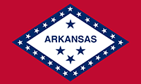 Arkansas flag has a white diamond with a wide blue outline on a red background. The blue outline contains 25 white stars. The white center has the state name and 4 blue stars.